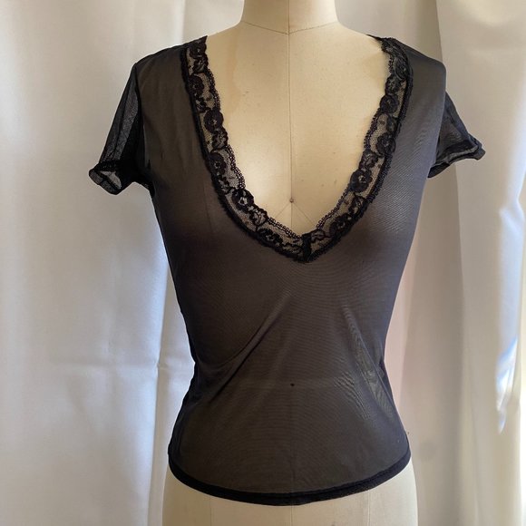 Victoria's Secret Lace Lined V-Neck Sheer Tee, Small - Picture 1 of 8